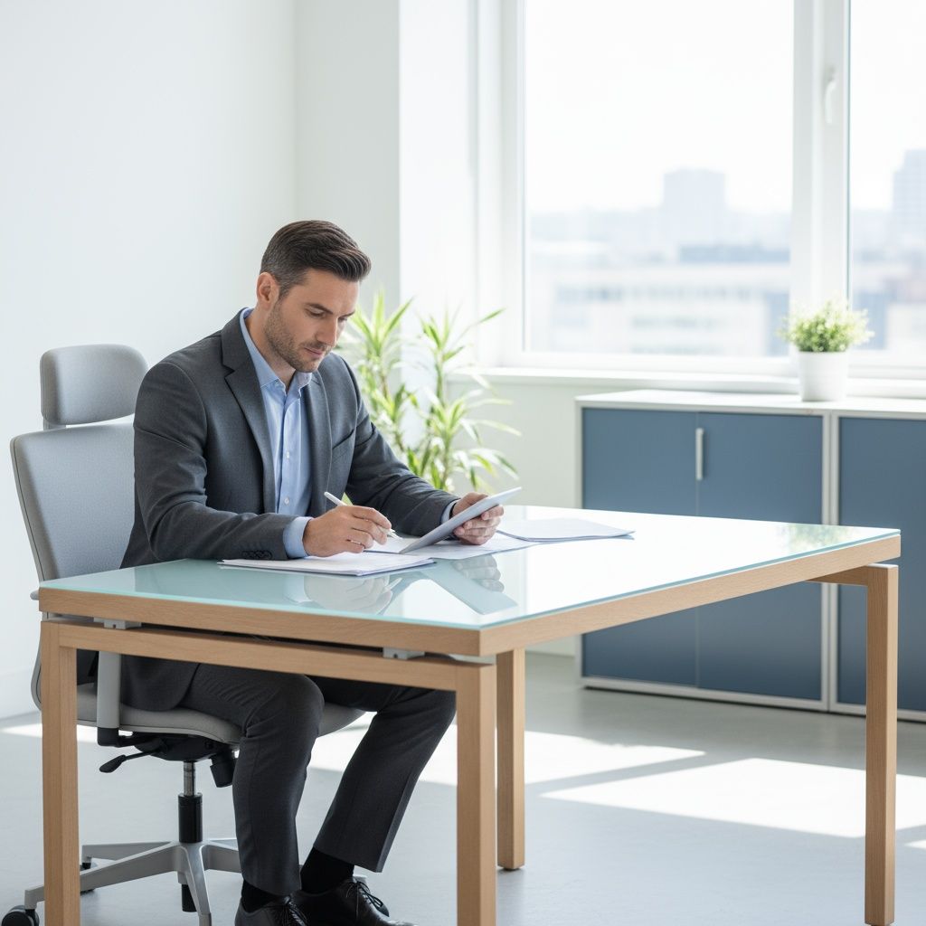 Financial advisor reviewing paperwork with an elderly couple in an office.