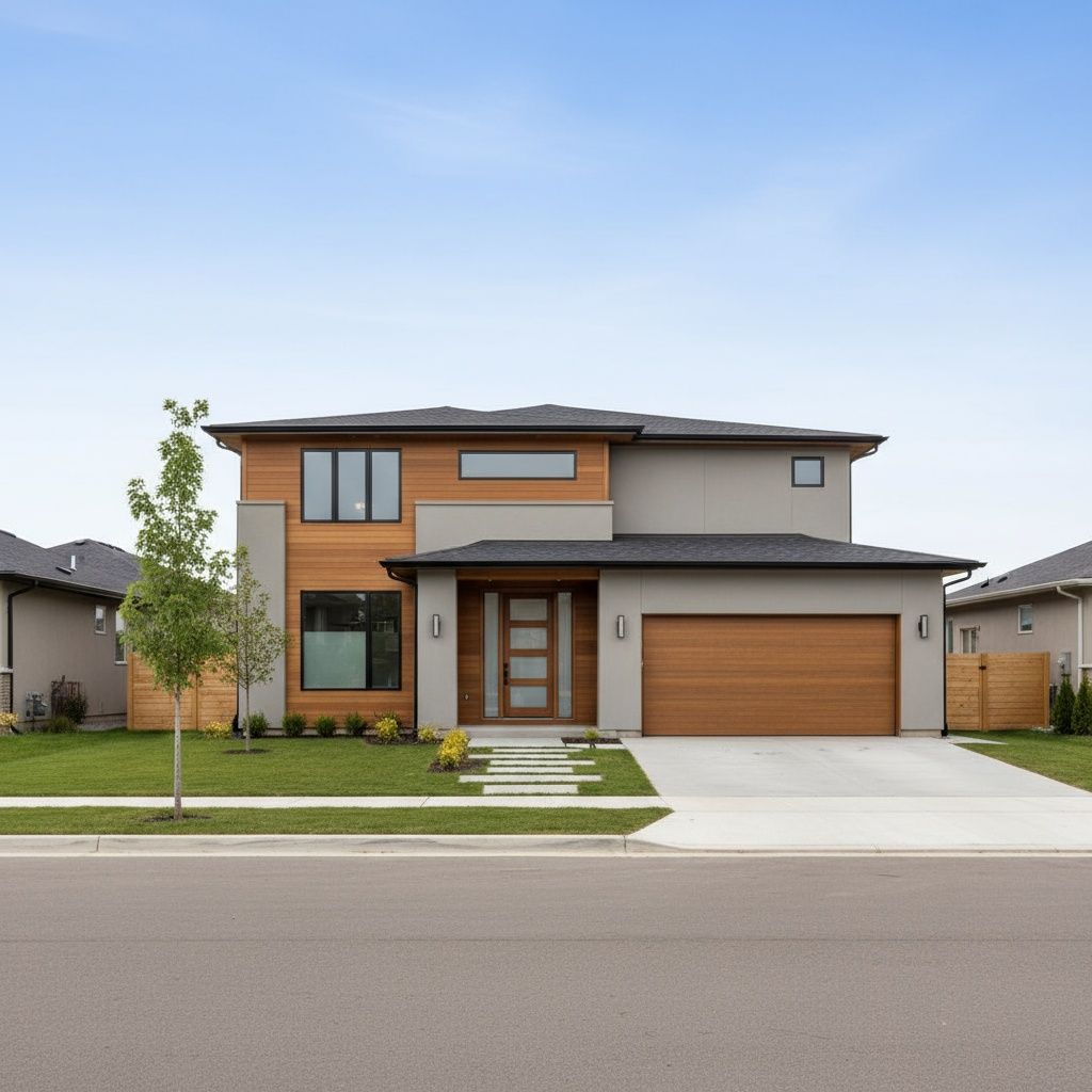 Modern two-story home with light stone and brown siding, large windows, and a desert landscape in front.