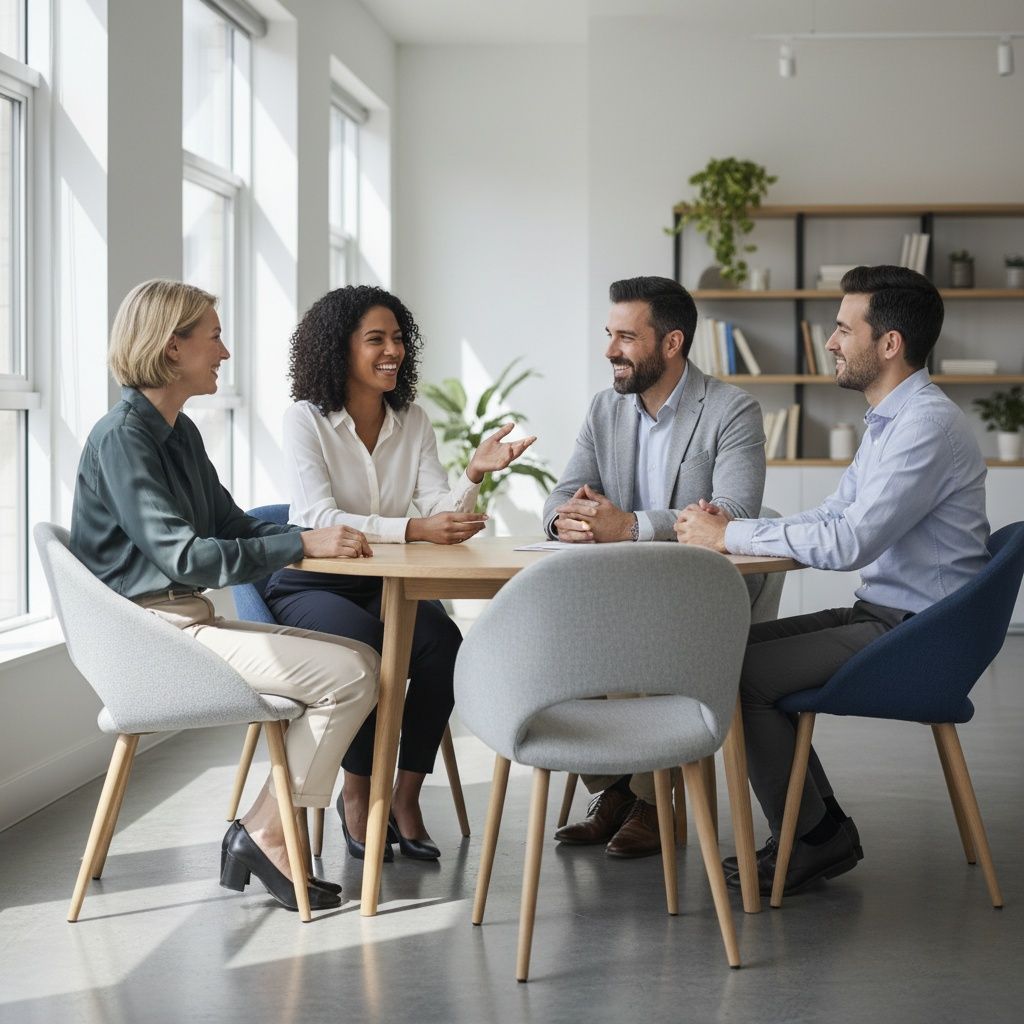 Group of five diverse coworkers smiling at the camera, standing together in a bright office.
