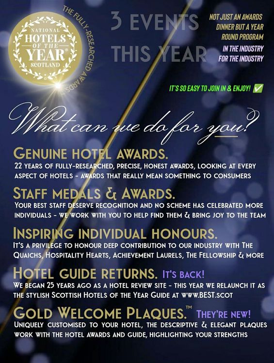 23rd National Awards for Scotland's Hotels, Staff and Leadership
23mh Duaisean Nàiseanta Taigh-òsta, Luchd-obrach & Ceannardas na h-Alba