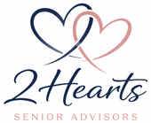 Logo for 2 Hearts Senior Advisors featuring two interlocking hearts in navy and pink above cursive and serif text.
