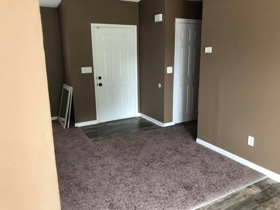 An empty living room with brown walls and a pink rug.