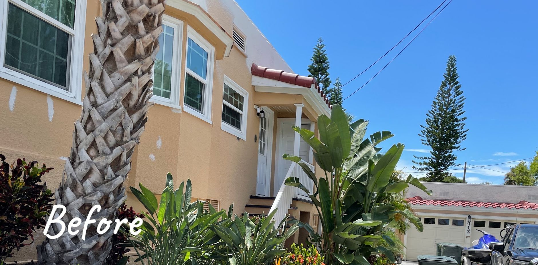 A before picture of a house with a palm tree in front of it.
