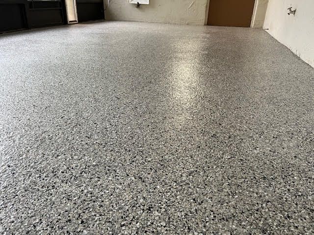 Gray speckled epoxy floor, interior view.
