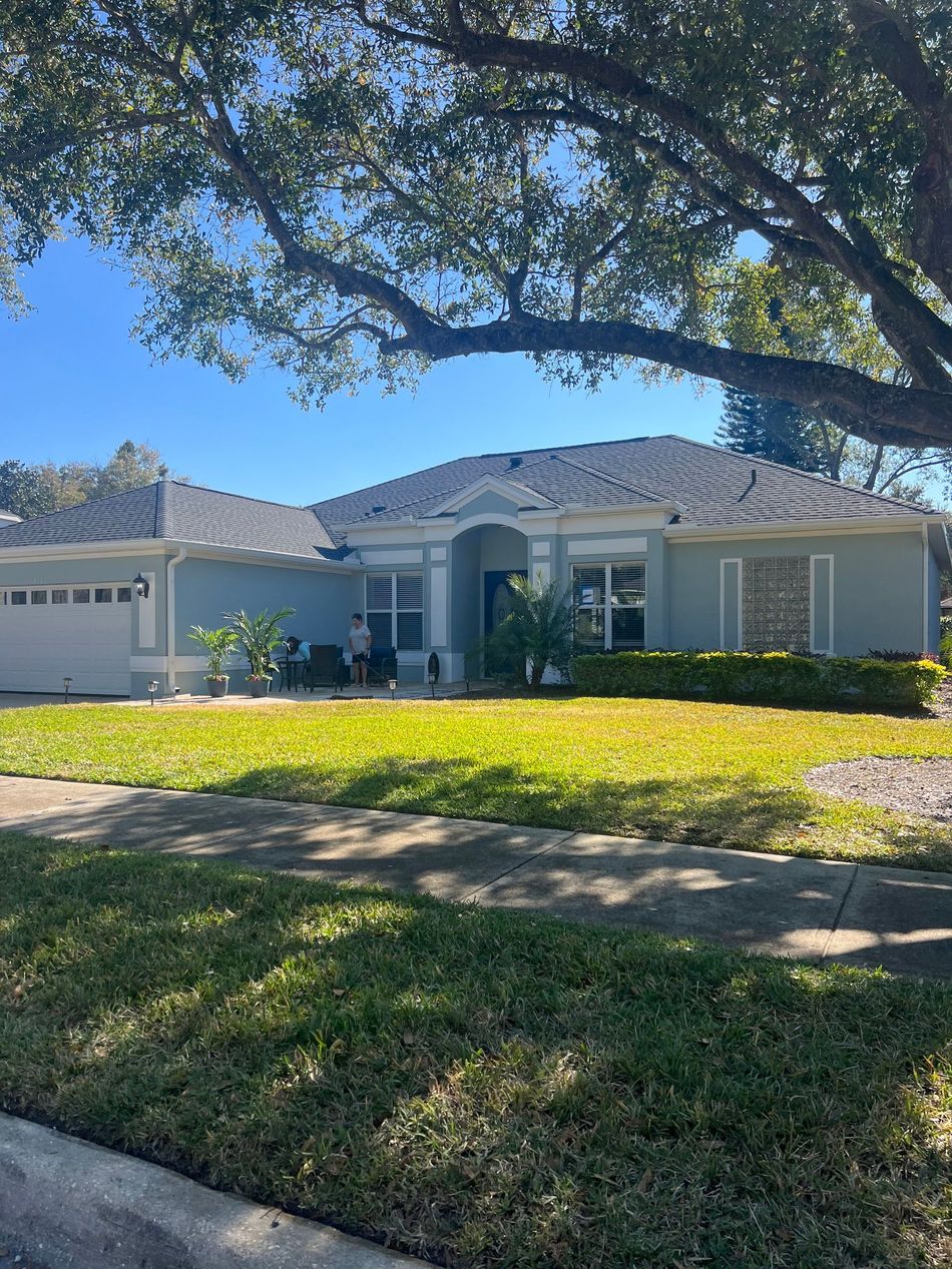 A house with a large lawn and a tree in front of it.