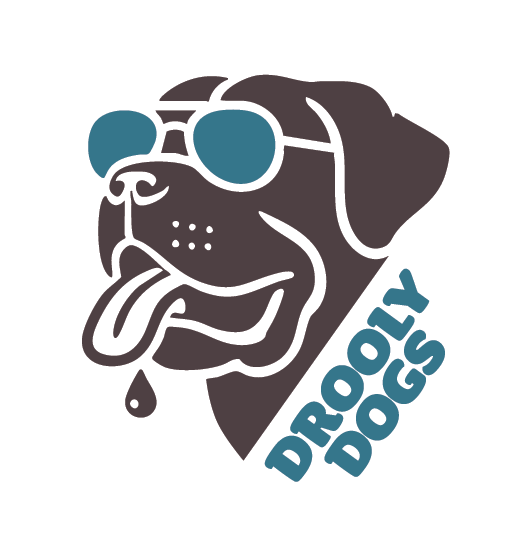 Brown dog wearing blue sunglasses, drooling, 