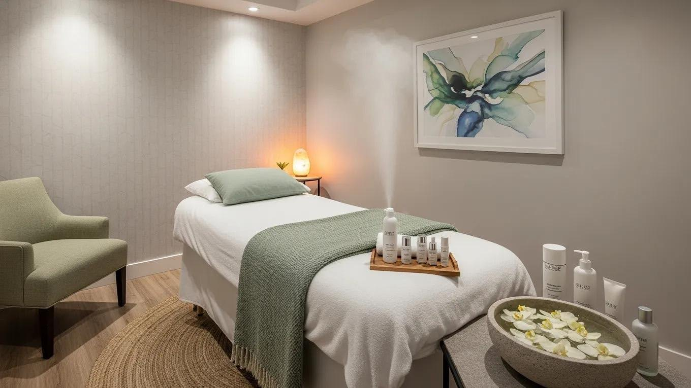 Spa treatment room with massage table, green chair, warm lamp, and bowls on a tray.