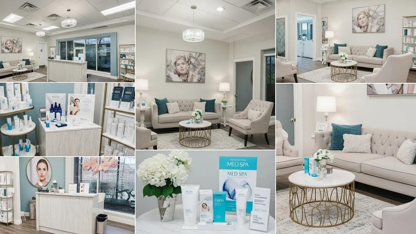 Collage of a bright spa and skincare clinic with treatment rooms, product displays, and seating areas