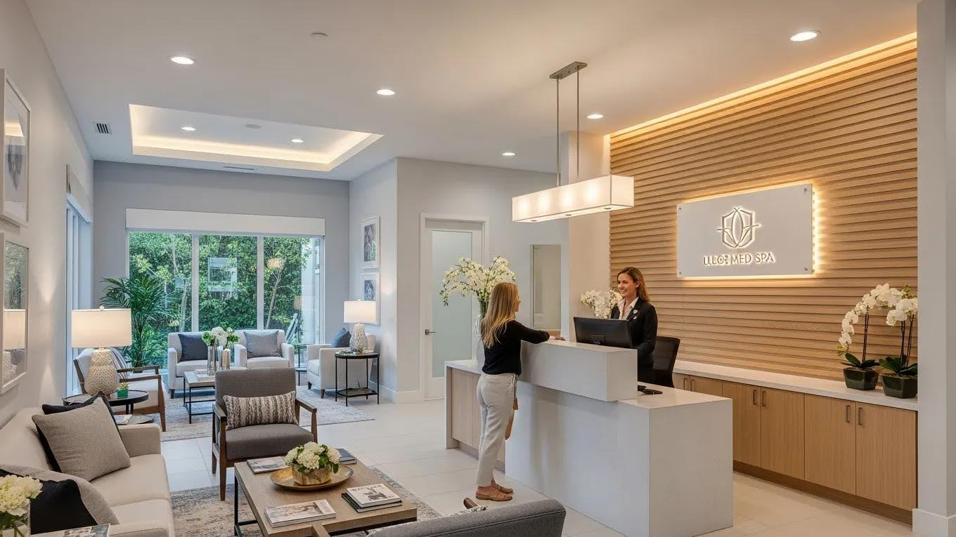 Bright modern lobby with white reception desk, seating area, and two people at the front counter