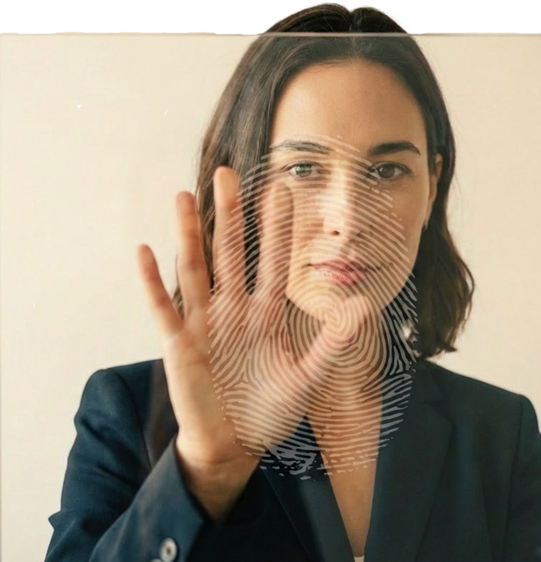 Woman's handprint on glass; she looks at the viewer. Wearing a dark blazer, indoors with a light background.