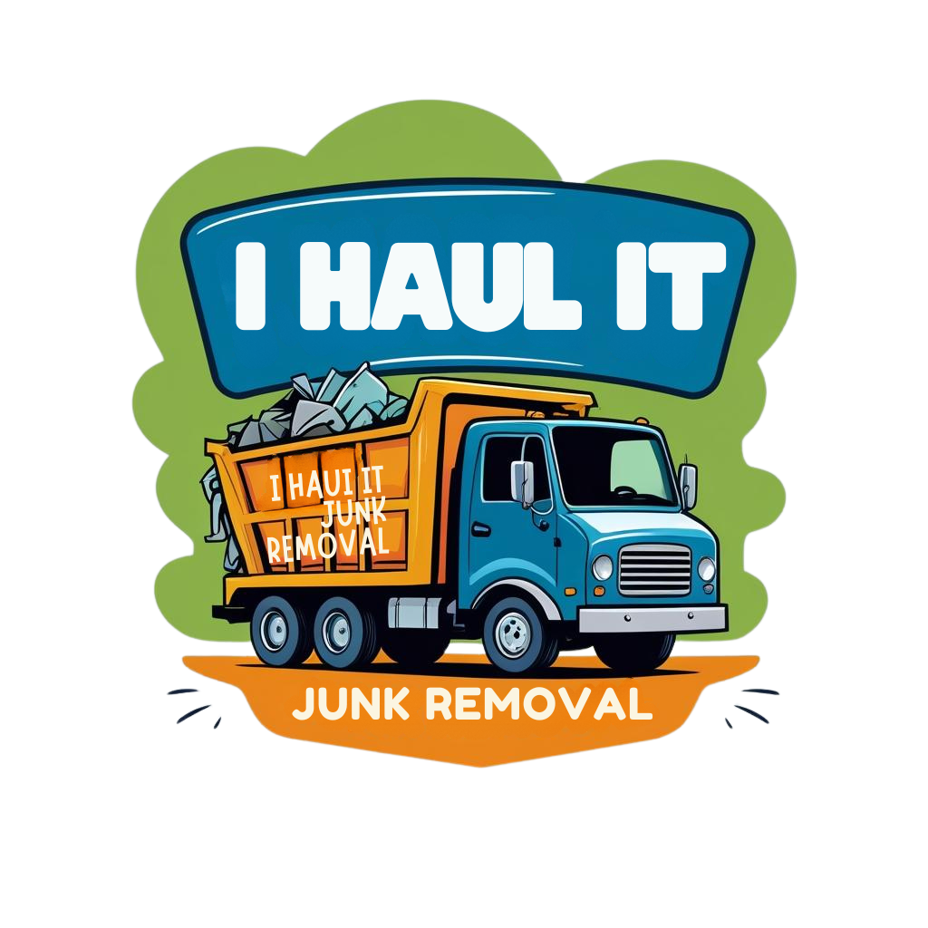 A dump truck with the words `` i haul it junk removal '' on it.