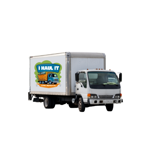 A white moving truck with a sticker on the side that says `` i haul it ''.