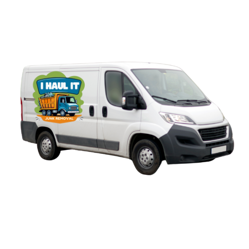 A white van with a sticker on the side that says `` i haul it ''.