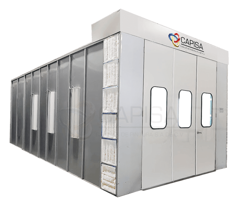Una gran cabina de pintura CAPSA de color gris, con ventanas y logotipo, en un entorno industrial.