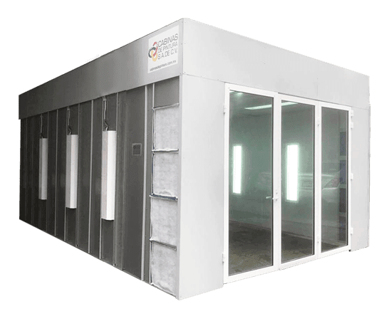 Cabina de pintura blanca con puertas de vidrio, filtros y luces interiores.