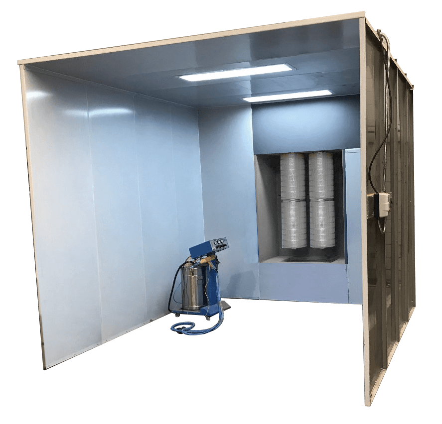 Cabina de pintura con compresor de aire y sistema de filtrado.