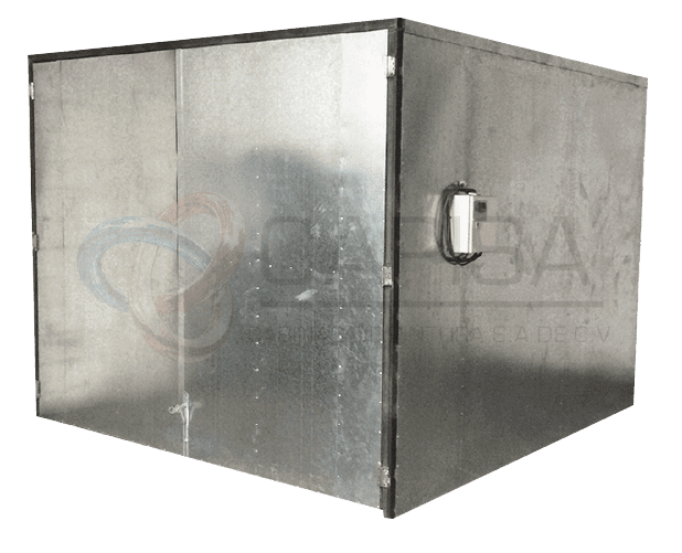 Caja industrial metálica con puerta y tirador.