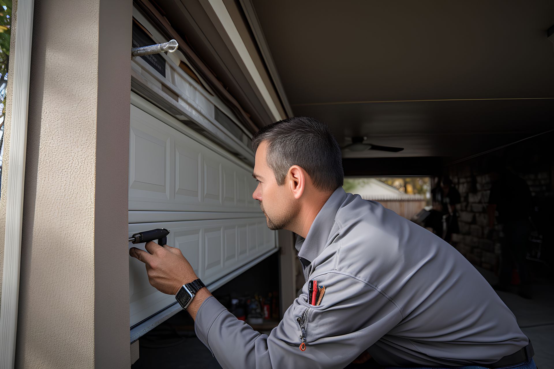 A man sitting in front of a garage door color gray. 