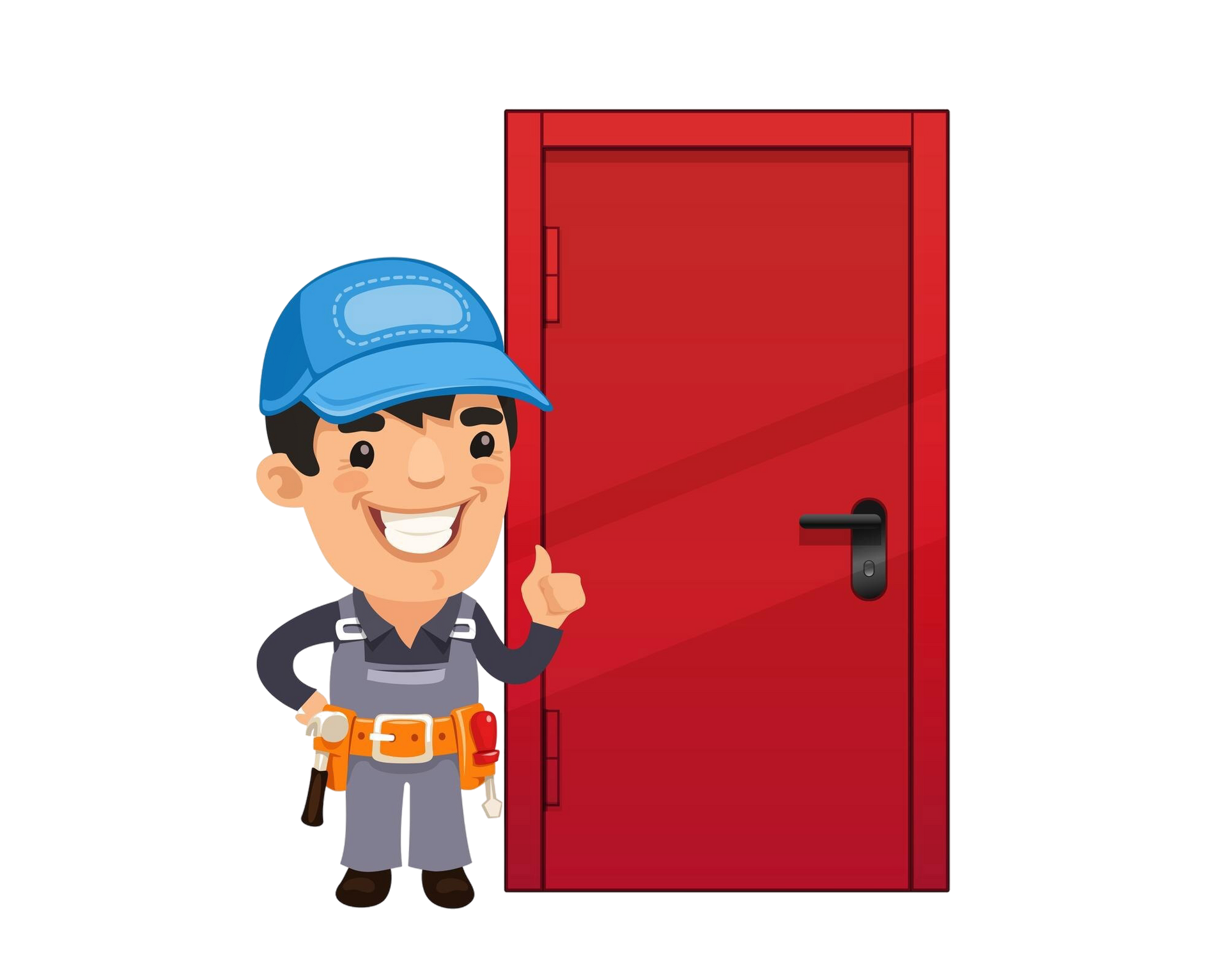 A cartoon man is standing in front of a red door and giving a thumbs up.