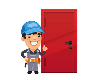 A cartoon man is standing in front of a red door and giving a thumbs up.