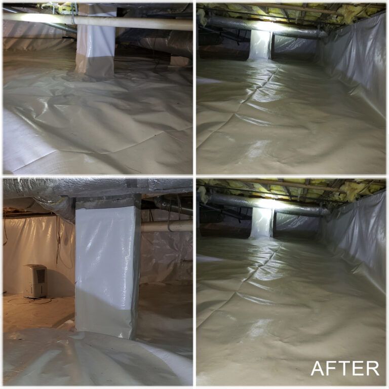 Four-panel collage showing a crawl space after encapsulation, with white plastic lining walls and floor.