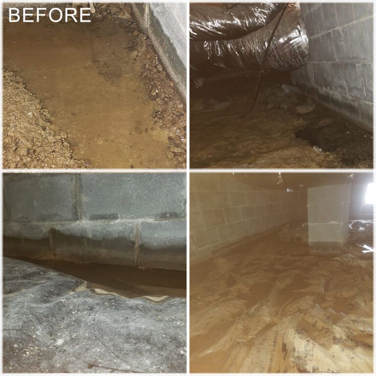 Four photos showing a crawl space before remediation, with standing water, dirt, and debris. The space is dark and damp.