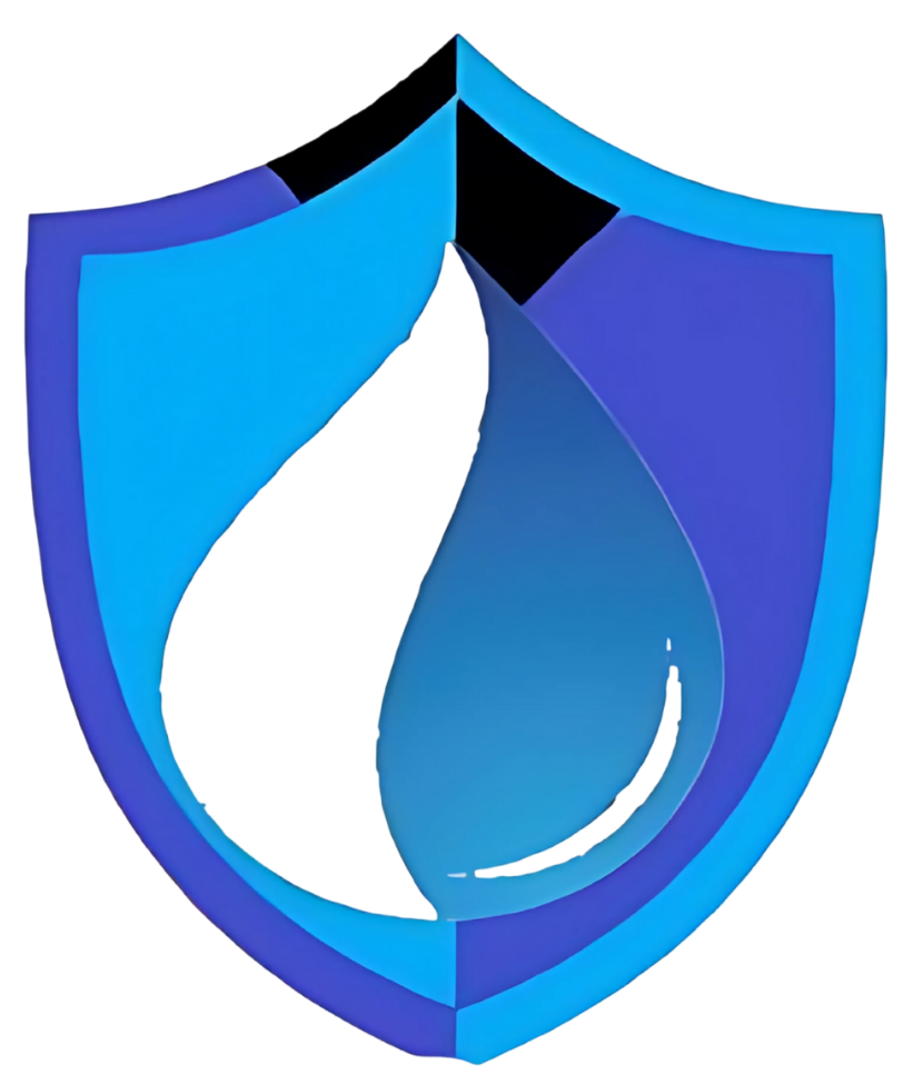 Blue shield with a water drop in the center. The drop is shaded, suggesting volume, and protected by the shield's outline.