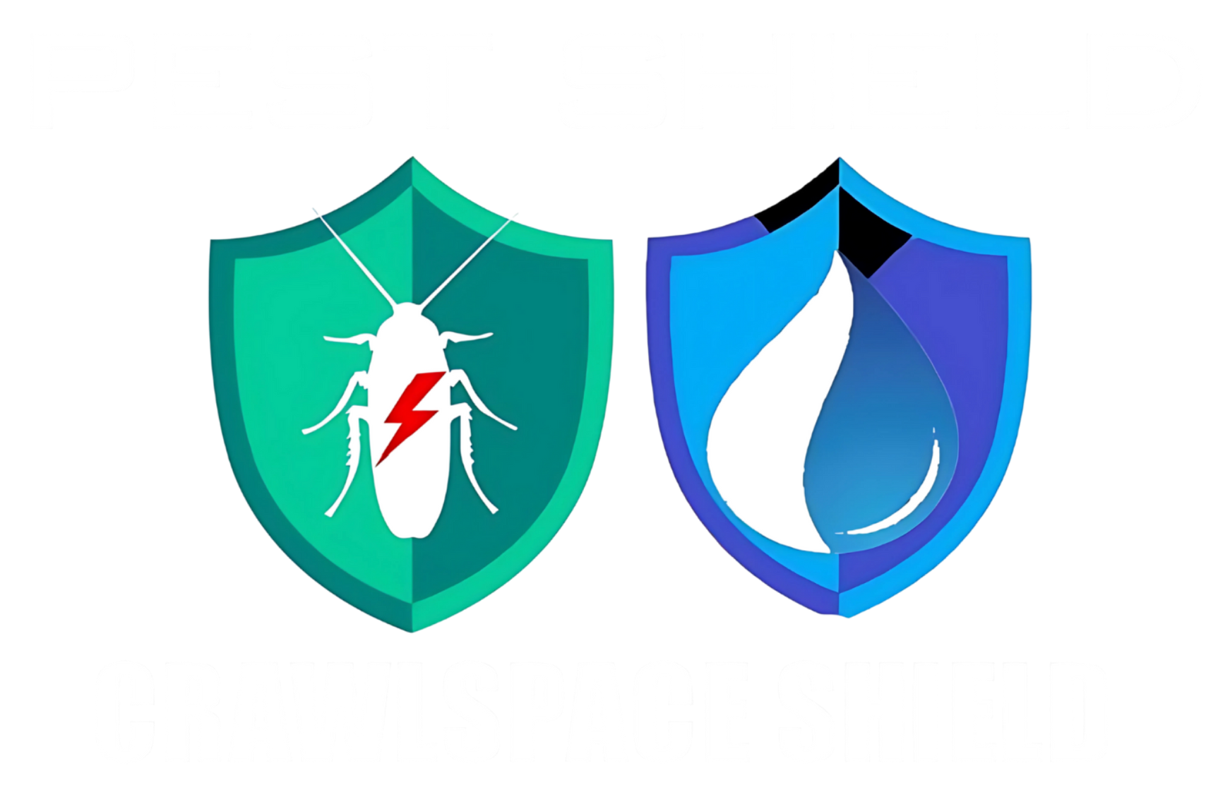 Two shield icons. One features a cockroach with lightning bolt, the other a water droplet.