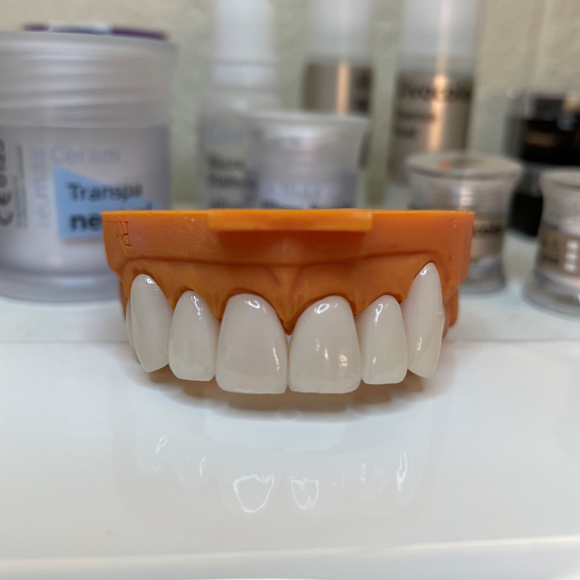 A model of a person 's teeth is sitting on a table.