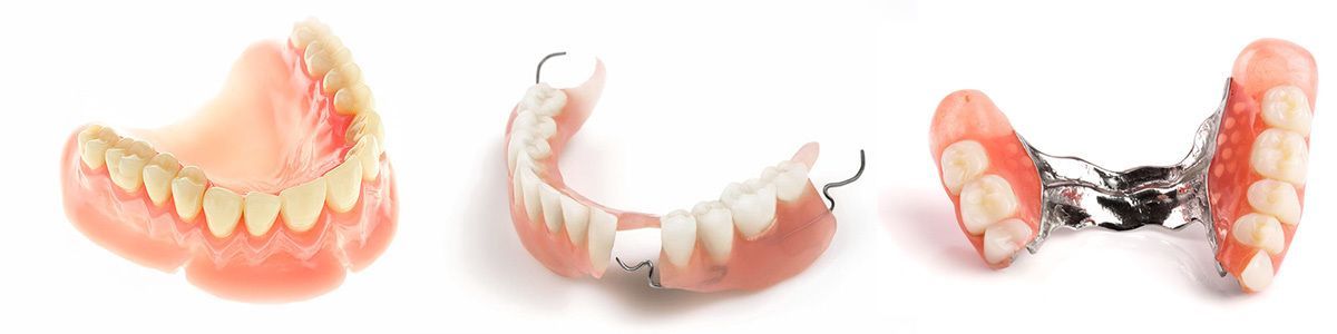 Three different types of dentures are shown on a white background.