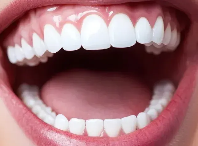 A close up of a woman 's teeth with her mouth open.