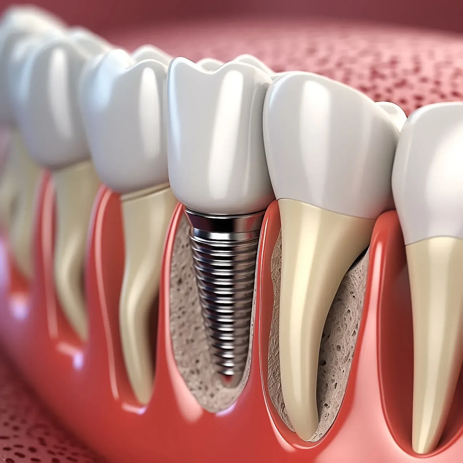 A close up of a dental implant in a row of teeth.