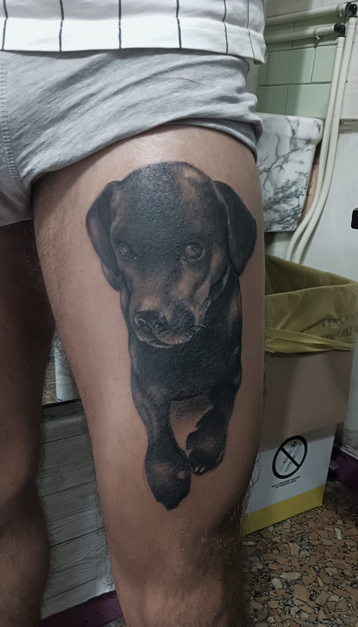 Tatuaggio di un cane nero e marrone sulla coscia di una persona. Il cane cammina in avanti, con un'espressione concentrata.