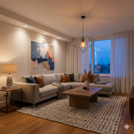 Cozy living room with neutral tones. Sectional sofa, wooden coffee table, abstract painting, and pendant light.
