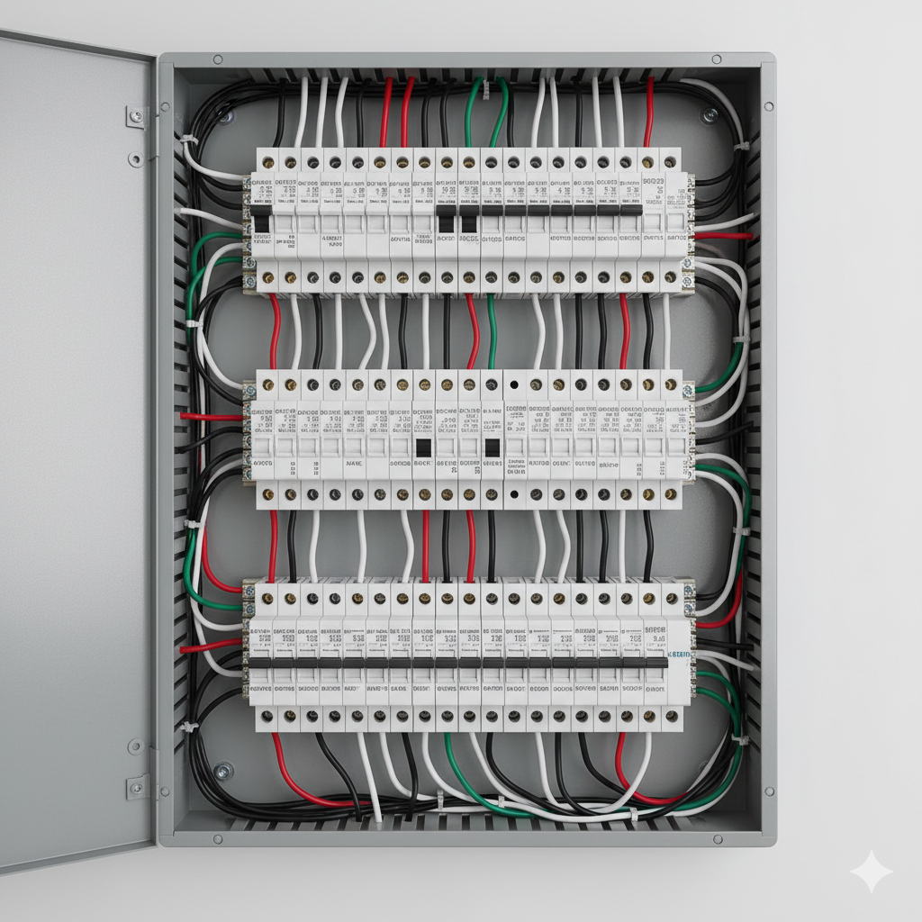 Electrical panel with various colored wires and circuit breakers inside a metal box.