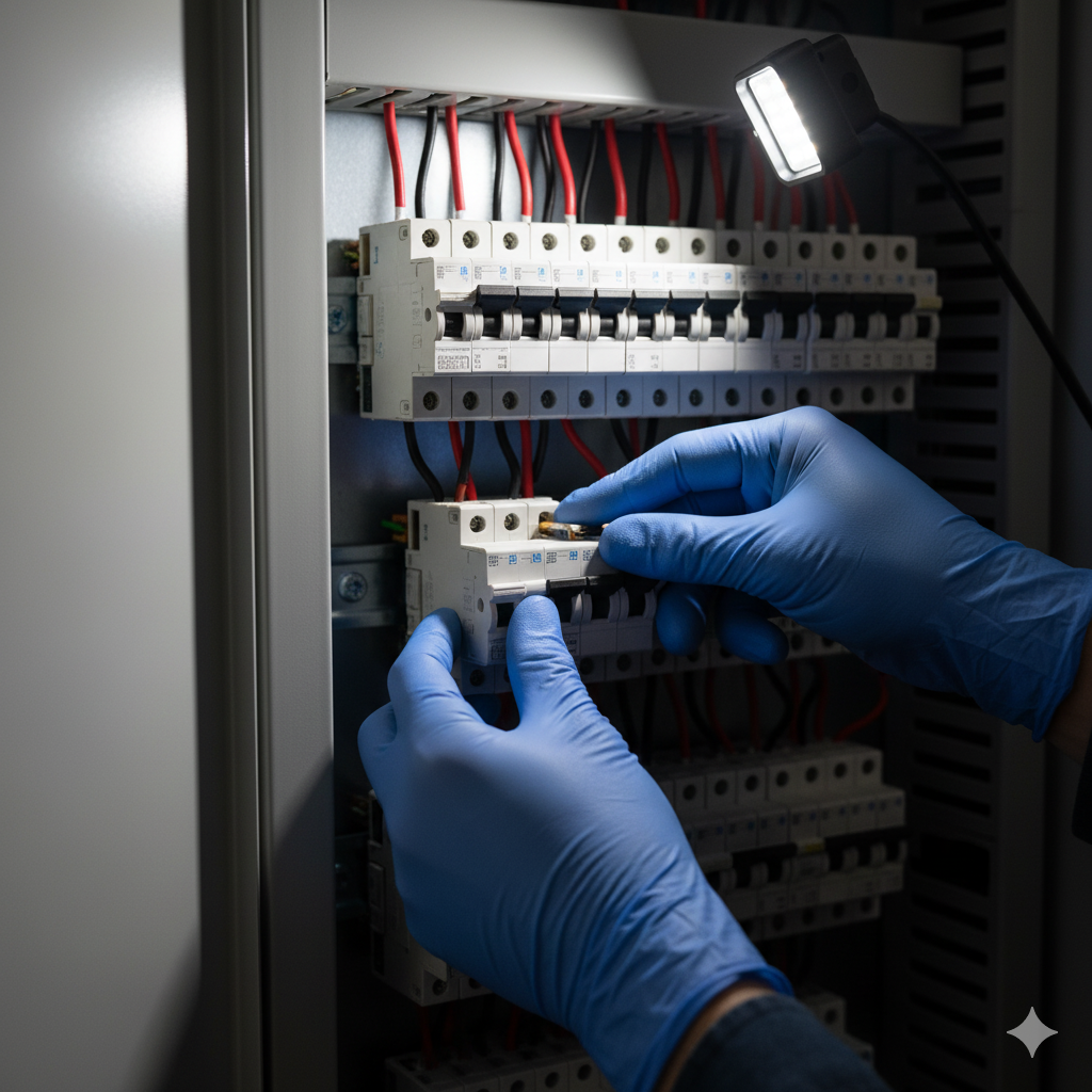 Hands in blue gloves working on electrical panel with a work light. Wires and switches visible.
