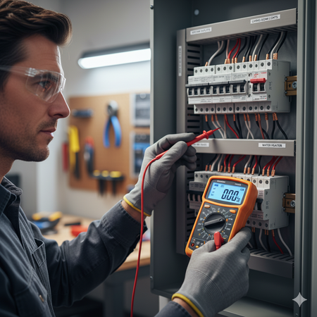 Electrician testing wiring with a multimeter in a panel. He wears safety glasses and gloves.