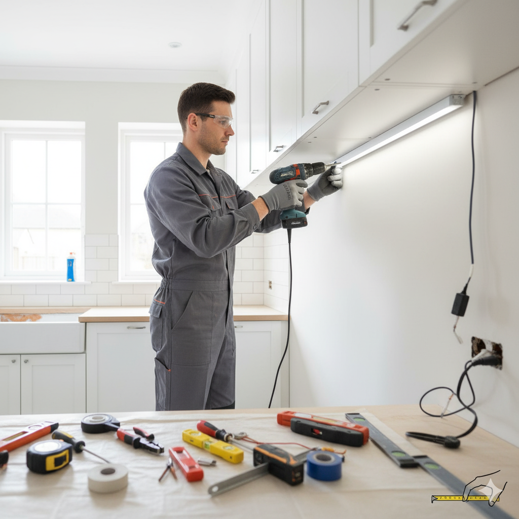 Man in coveralls using a drill to install a light fixture in a kitchen, surrounded by tools.