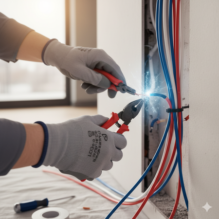 Electrician working with pliers on wires, creating a spark, indoors.