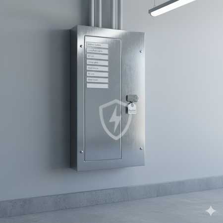 Metallic electrical panel on a gray wall, locked, with labels and logo.