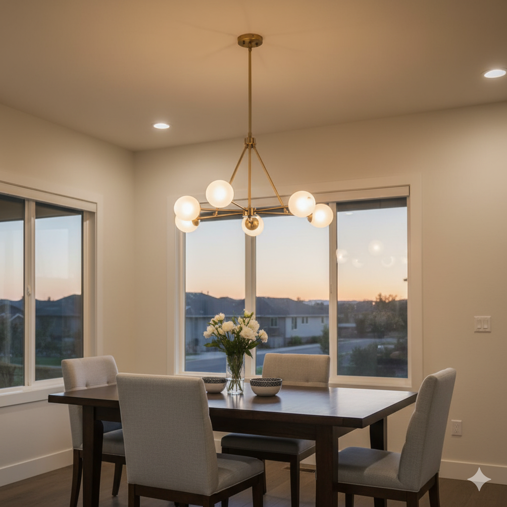 Dining room with table, chairs, chandelier, and a view of the sunset through the windows.