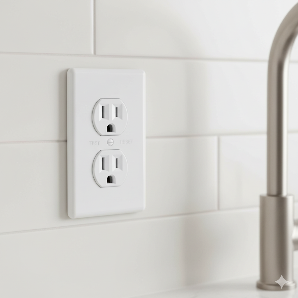 White electrical outlet on a white tiled wall next to a metallic faucet.