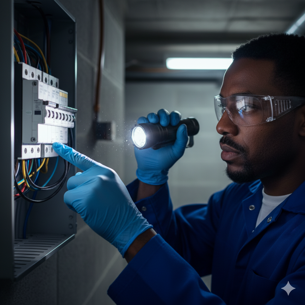 Man in blue uniform inspects an electrical panel, wearing gloves and safety glasses, with a flashlight.