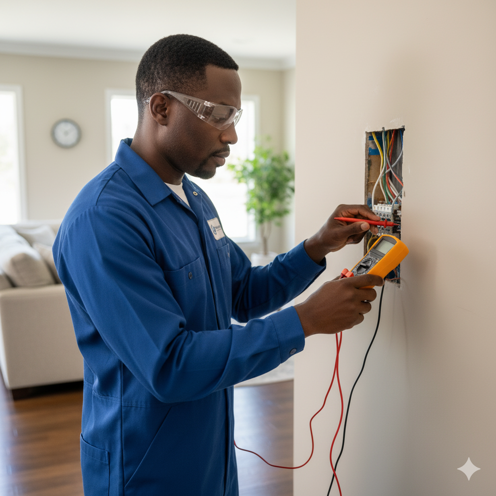 An electrician wearing safety glasses tests wires with a multimeter on a beige wall in a home.