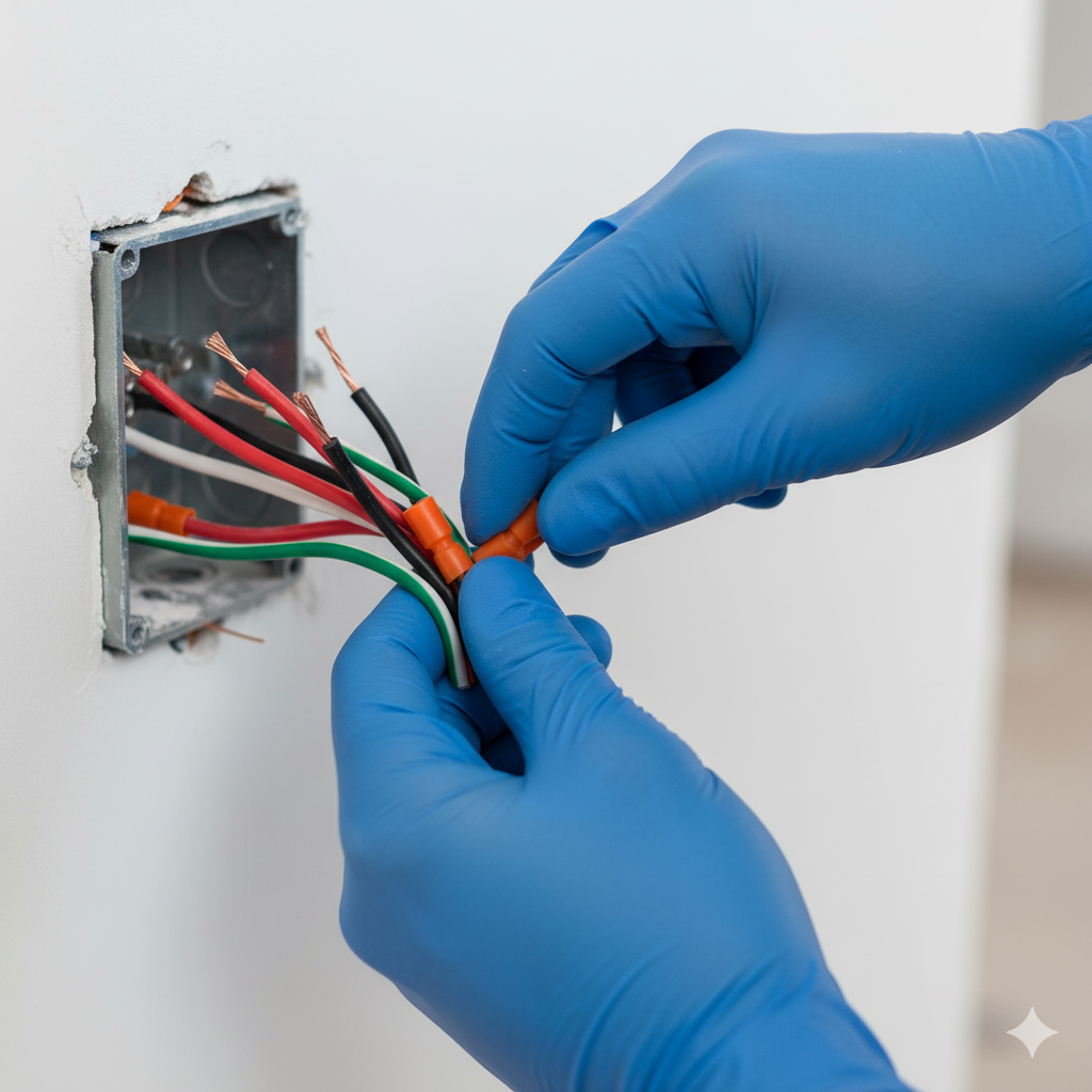 Hands in blue gloves connecting electrical wires inside a wall box.