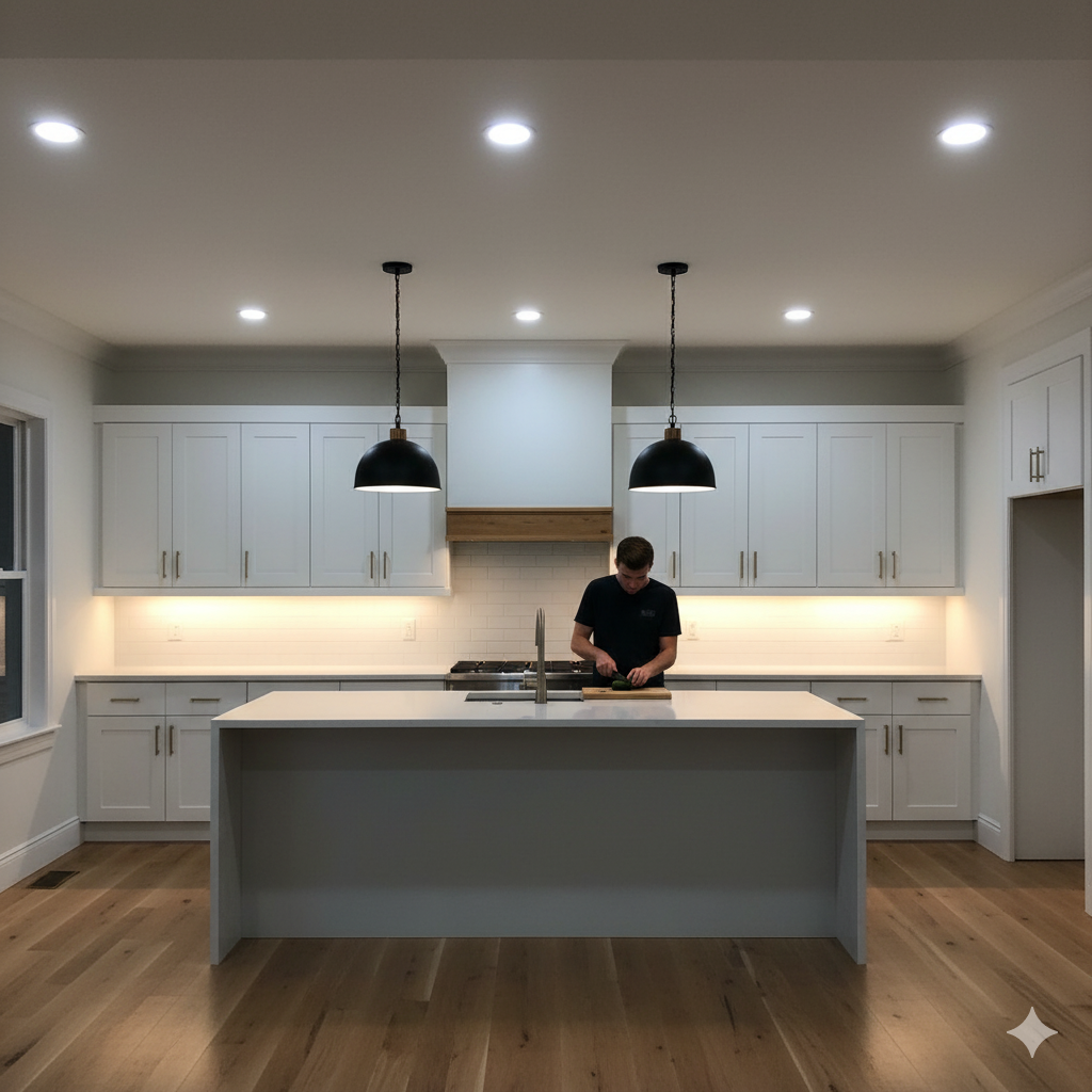 A man in a black shirt cooks in a white kitchen with black pendant lights.