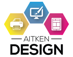 Logo for Aitken Design featuring printer, computer, and tablet icons within colorful hexagons.