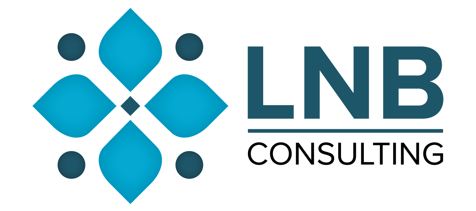 Logo for LNB Consulting: teal flower design with dark teal dots, teal letters and 