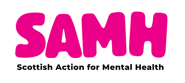 SAMH logo: Pink bubble letters, 