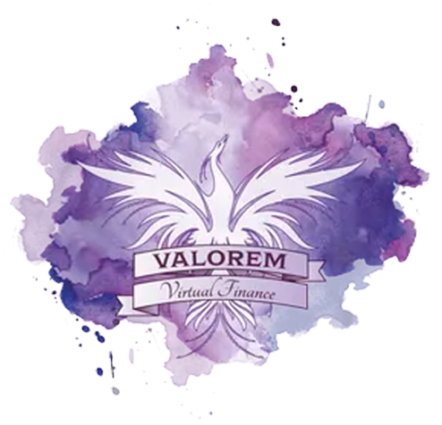 VALOREM Virtual Finance Logo with phoenix in white, set against a purple watercolor background
